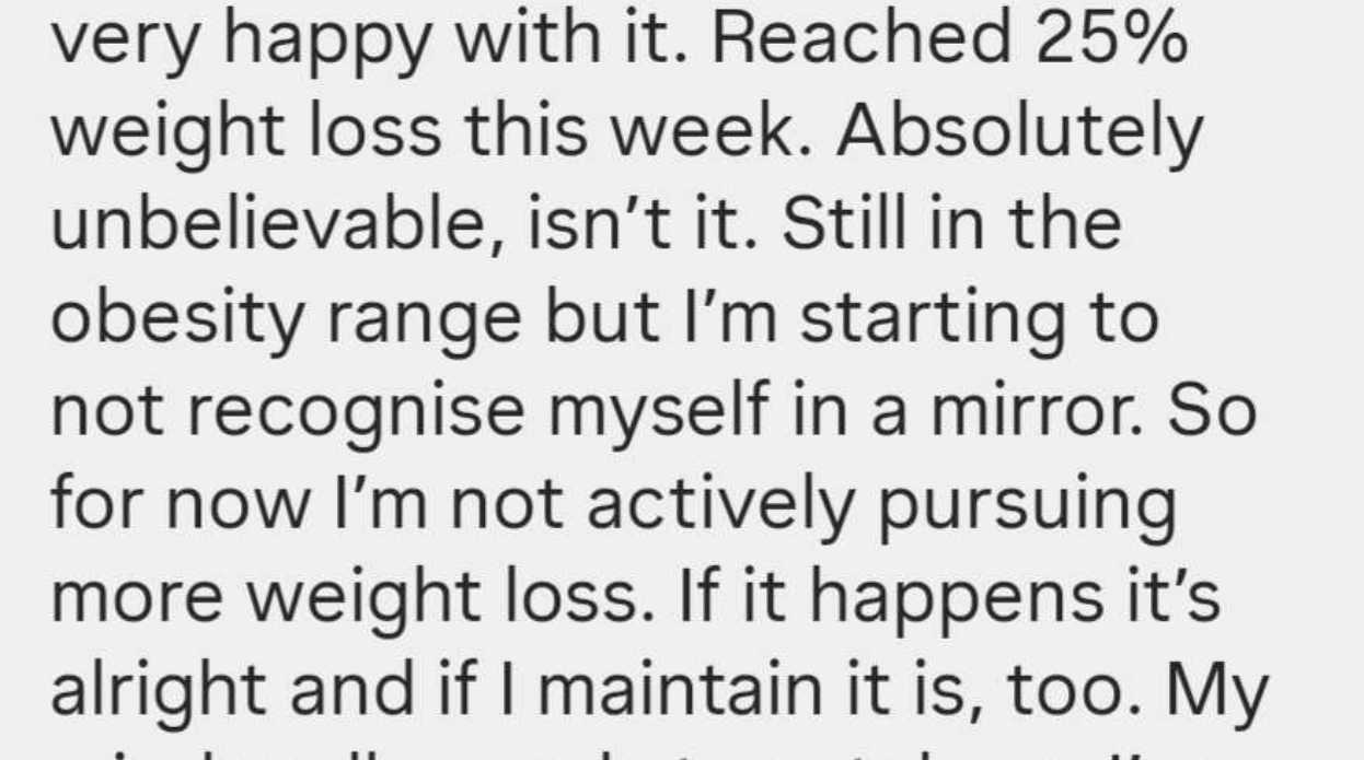 Testimonial from Jen: she reached 25% weight loss this week and is starting to not recognize herself in the mirror